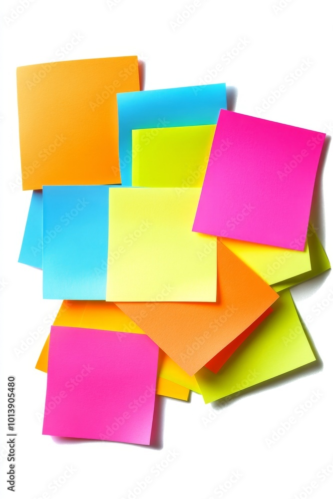 a bright and colorful image of a pack of assorted post-it notes on a pure white background, with each note slightly overlapping the other. a bright and colorful image of a pack of assorted post-it notes on a pure white background, with each note slightly overlapping the other.