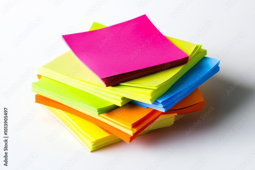 a bright and colorful image of a pack of assorted post-it notes on a pure white background, with each note slightly overlapping the other. a bright and colorful image of a pack of assorted post-it notes on a pure white background, with each note slightly overlapping the other.