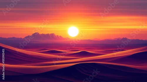 A stunning sunset illuminating the desert landscape with rolling sand dunes and distant mountains.