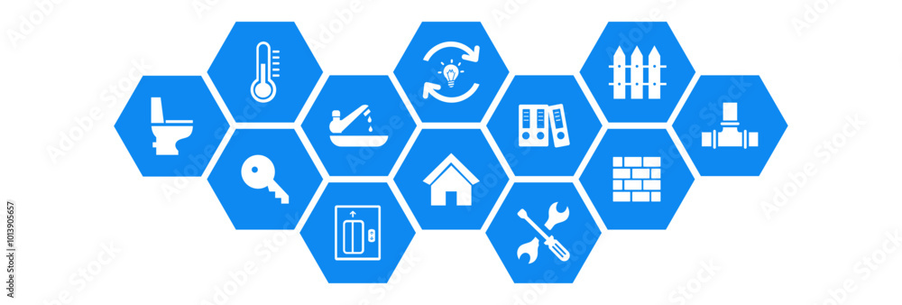 Facility management vector illustration. Concept with icons related to commercial office or residential property caretaker service, building management maintenance, handyman repairman. Facility management vector illustration. Concept with icons related to commercial office or residential property caretaker service, building management maintenance, handyman repairman.