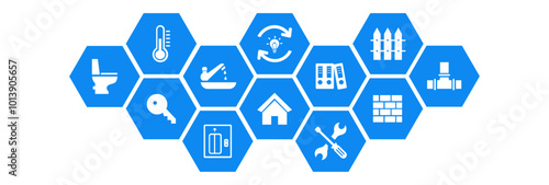 Facility management vector illustration. Concept with icons related to commercial office or residential property caretaker service, building management maintenance, handyman repairman.