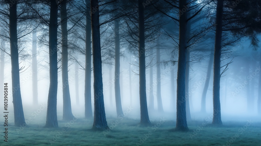 Naklejka premium A serene foggy forest with tall trees shrouded in mist.