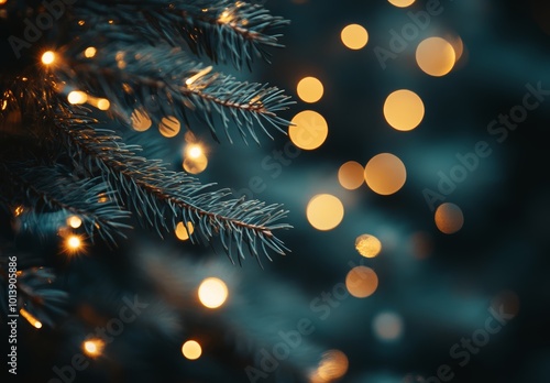 Warm golden lights shimmer softly among evergreen needles, creating a tranquil atmosphere during the festive season