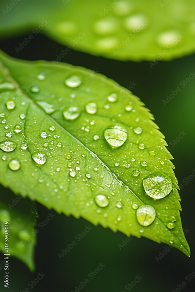 Close up of water droplets on green leaf, macro photo of nature Close up of water droplets on green leaf, macro photo of nature