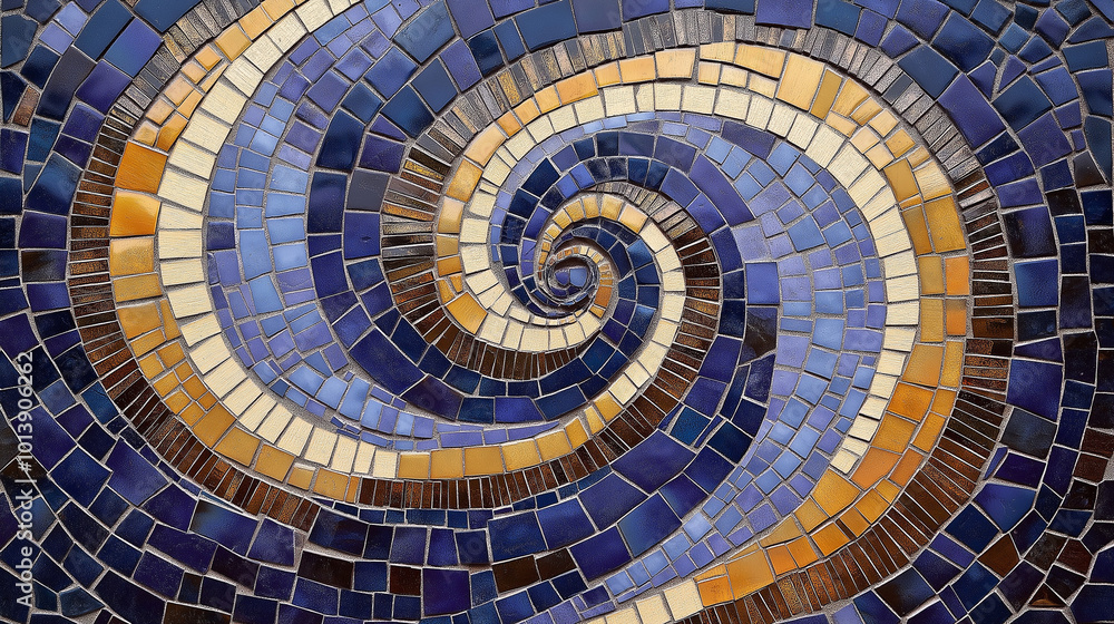 Fototapeta premium A beautifully crafted mosaic with concentric spirals. The mosaic comprises of small tiles, each with varying shades of blue, gold, and purple. The tiles are meticulously arranged to a form 