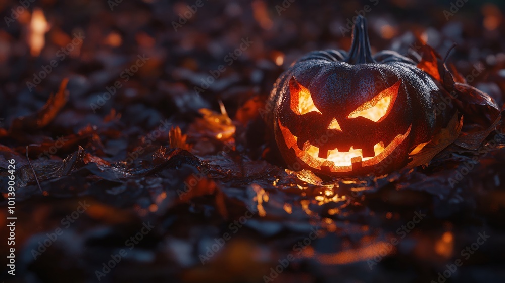 A carved pumpkin with a spooky face glowing in the dark among fallen leaves. A carved pumpkin with a spooky face glowing in the dark among fallen leaves.