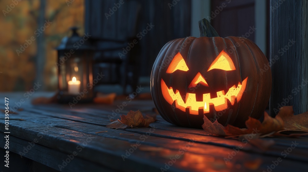 A carved pumpkin with a spooky face glowing beside a lantern on a wooden table. A carved pumpkin with a spooky face glowing beside a lantern on a wooden table.