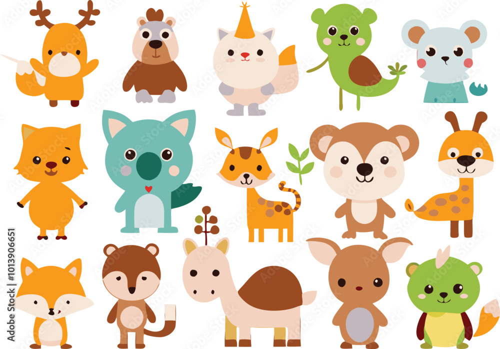 Fototapeta premium Cute animal cartoon vector illustration set