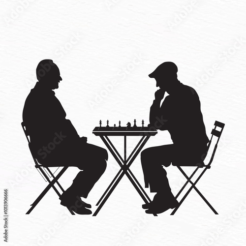 Silhouette of two elderly men playing chess at a round table, deeply engaged in a thoughtful game. A minimalist depiction of strategy and concentration.