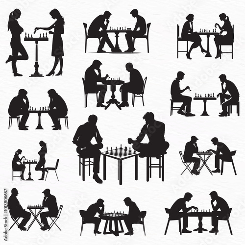 A collection of silhouettes depicting people of various ages and styles engaged in chess games. The scenes capture moments of concentration, strategy, and friendly competition.