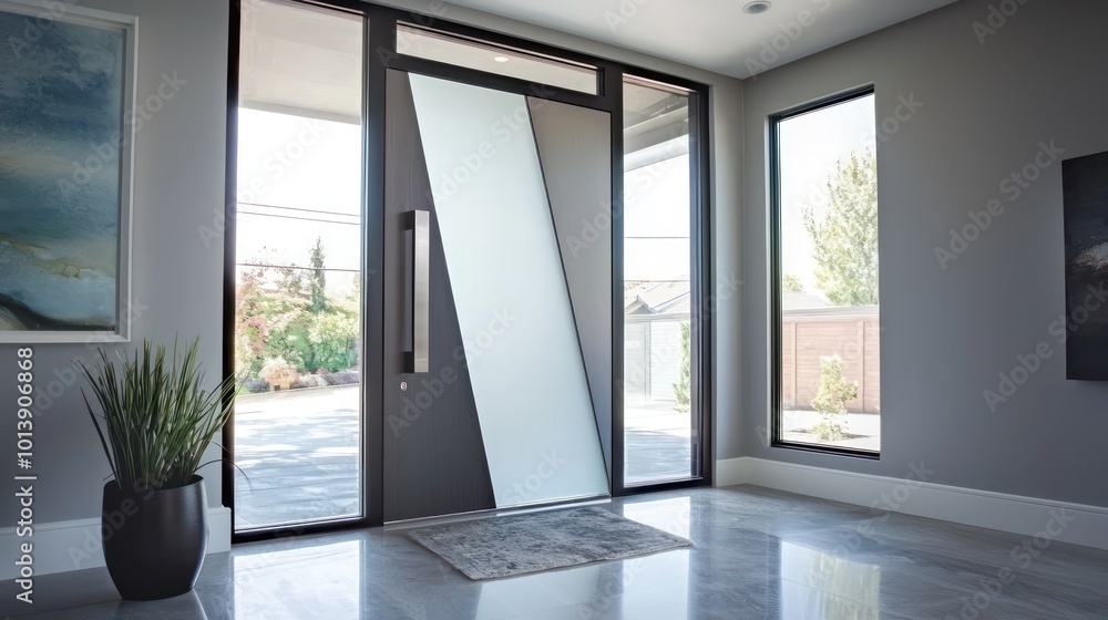 A modern homea??s entryway featuring a bold, geometric door design with frosted glass panels A modern homea??s entryway featuring a bold, geometric door design with frosted glass panels