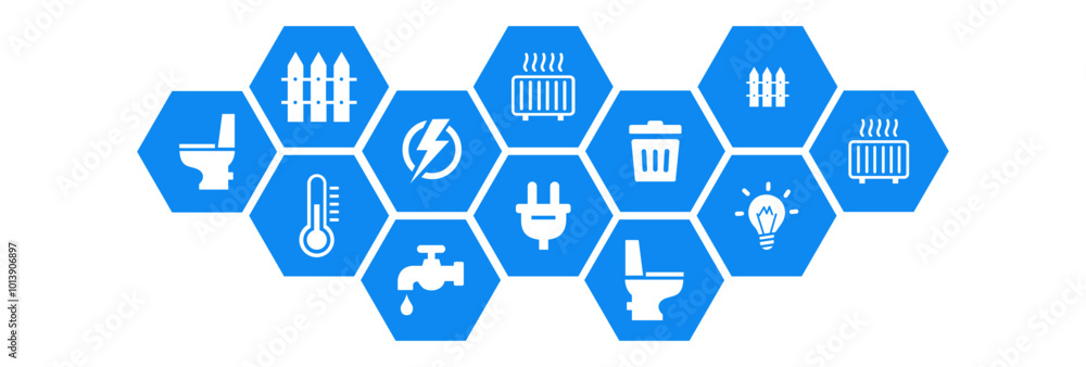 Public utilities vector illustration. Concept with connected icons related to water supply, electricity, gas, sanitation, household waste including internet access and telephone line. Public utilities vector illustration. Concept with connected icons related to water supply, electricity, gas, sanitation, household waste including internet access and telephone line.