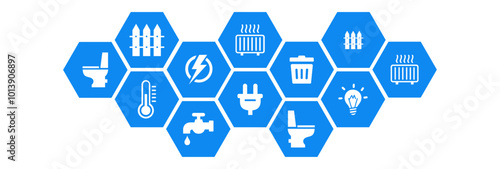 Public utilities vector illustration. Concept with connected icons related to water supply, electricity, gas, sanitation, household waste including internet access and telephone line.