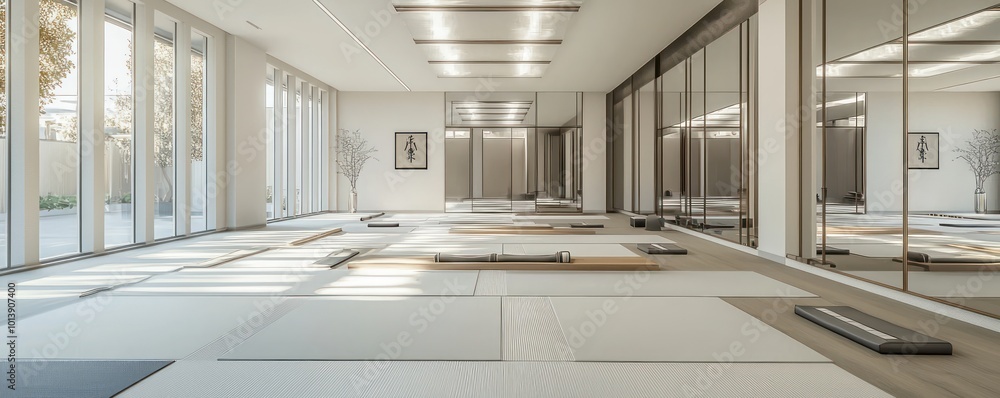 A modern martial arts dojo with high-quality mats, mirrored walls, and space for various classes from judo to taekwondo A modern martial arts dojo with high-quality mats, mirrored walls, and space for various classes from judo to taekwondo