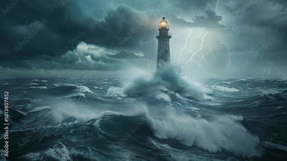 Lighthouse in the storm waves landscape illustration generated by ai Lighthouse in the storm waves landscape illustration generated by ai