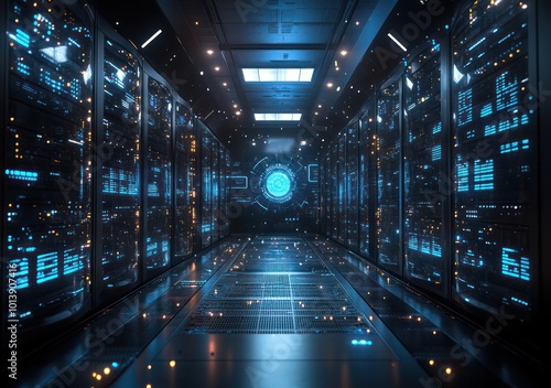 Futuristic Data Center Server Room With Blue LED Lights