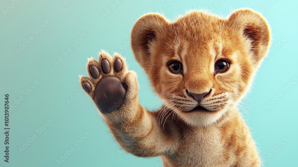 Fototapeta premium Charming 3D Lion Cub Waving Paw on Mint Background