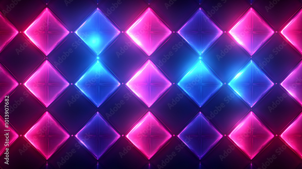A vibrant display of glowing pink and blue diamond shapes arranged in a repetitive pattern against a dark background A vibrant display of glowing pink and blue diamond shapes arranged in a repetitive pattern against a dark background