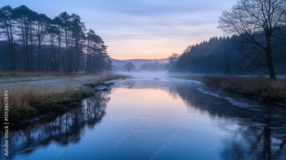 Fototapeta premium A tranquil river reflecting the soft colors of dawn, surrounded by misty trees and a peaceful landscape.