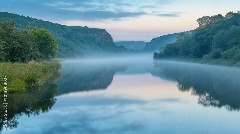 A tranquil river surrounded by misty hills and lush greenery during early morning light. A tranquil river surrounded by misty hills and lush greenery during early morning light.