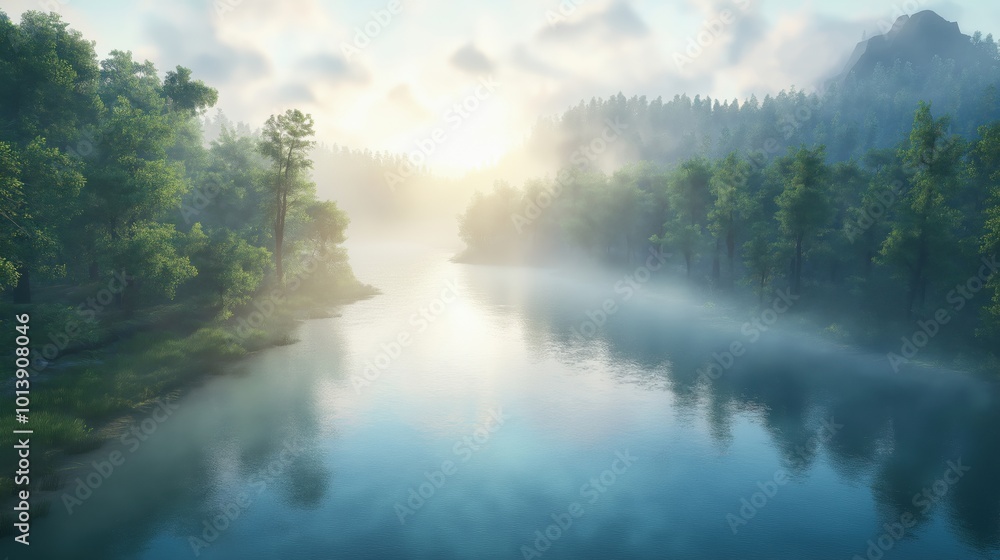 A tranquil river scene with mist rising, surrounded by lush green trees and a soft sunrise glow. A tranquil river scene with mist rising, surrounded by lush green trees and a soft sunrise glow.