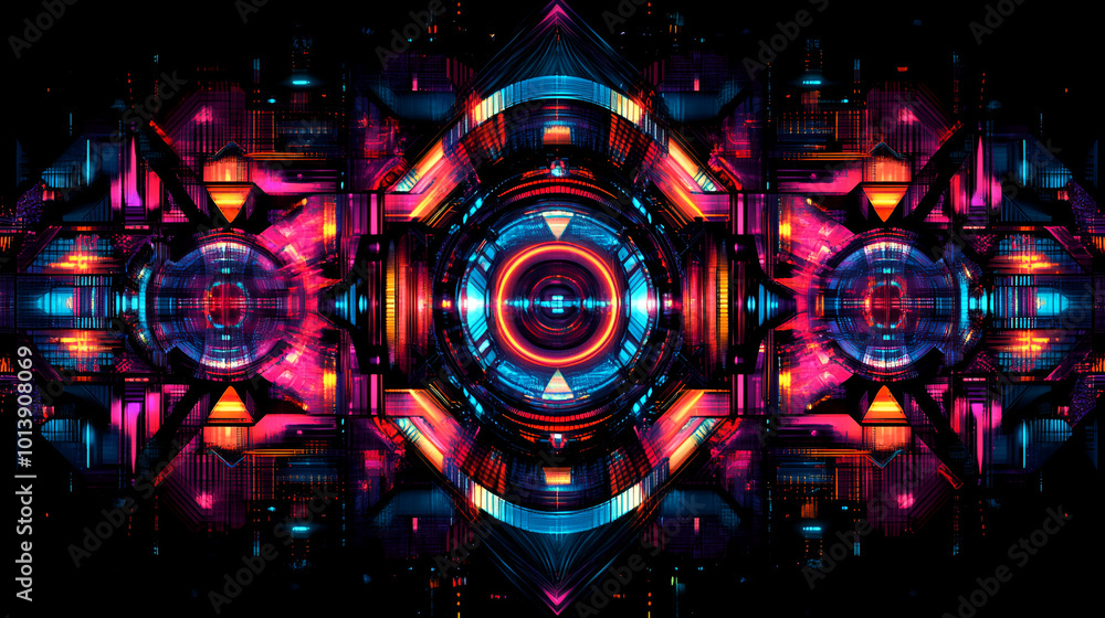 Vibrant abstract digital design featuring concentric circles and colorful geometric shapes in a futuristic setting Vibrant abstract digital design featuring concentric circles and colorful geometric shapes in a futuristic setting