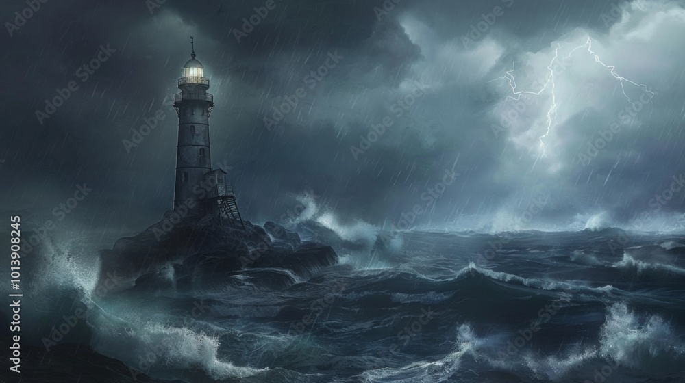 Lighthouse in the storm waves landscape illustration generated by ai Lighthouse in the storm waves landscape illustration generated by ai