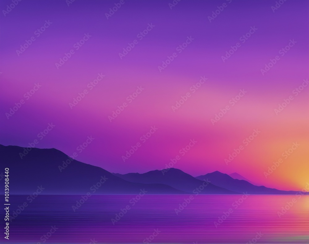 Serene gradient sunset behind mountains over calm water with purple and pink tones, AI generated