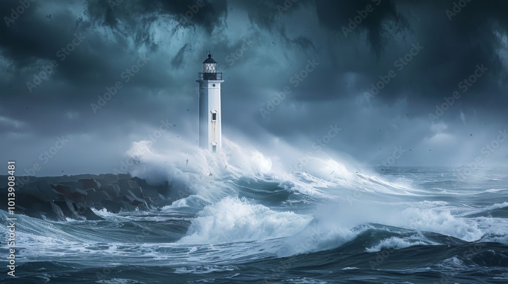 Lighthouse in the storm waves landscape illustration generated by ai Lighthouse in the storm waves landscape illustration generated by ai