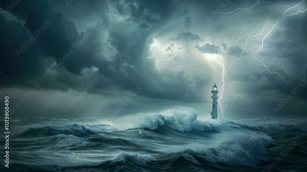 Fototapeta premium Lighthouse in the storm waves landscape illustration generated by ai