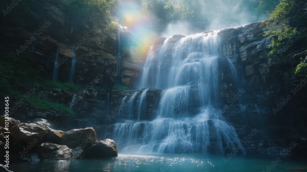 A stunning waterfall flowing over rocky cliffs into a serene pool below. A stunning waterfall flowing over rocky cliffs into a serene pool below.