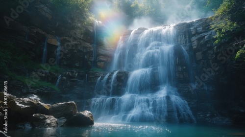 A stunning waterfall flowing over rocky cliffs into a serene pool below.