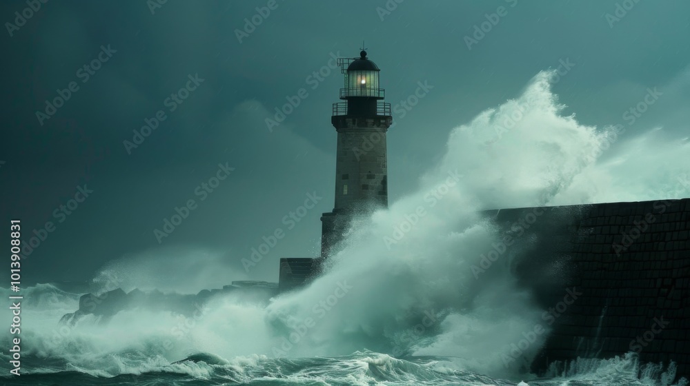 Lighthouse in the storm waves landscape illustration generated by ai Lighthouse in the storm waves landscape illustration generated by ai