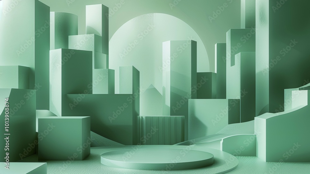 Fototapeta premium Futuristic cityscape with green geometric shapes and spheres creating a modern abstract scene, AI generated