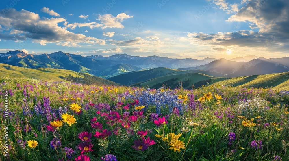 A vibrant field of wildflowers blooming in a scenic mountain landscape during sunset. A vibrant field of wildflowers blooming in a scenic mountain landscape during sunset.