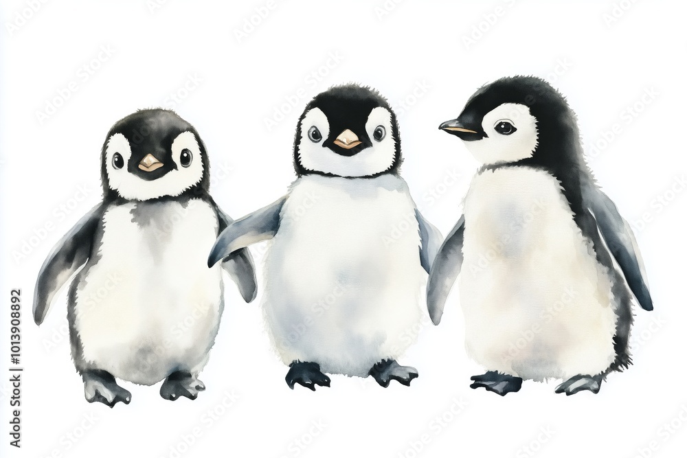 Obraz premium Penguins an isolated white background, watercolor illustration, cute baby penguin
