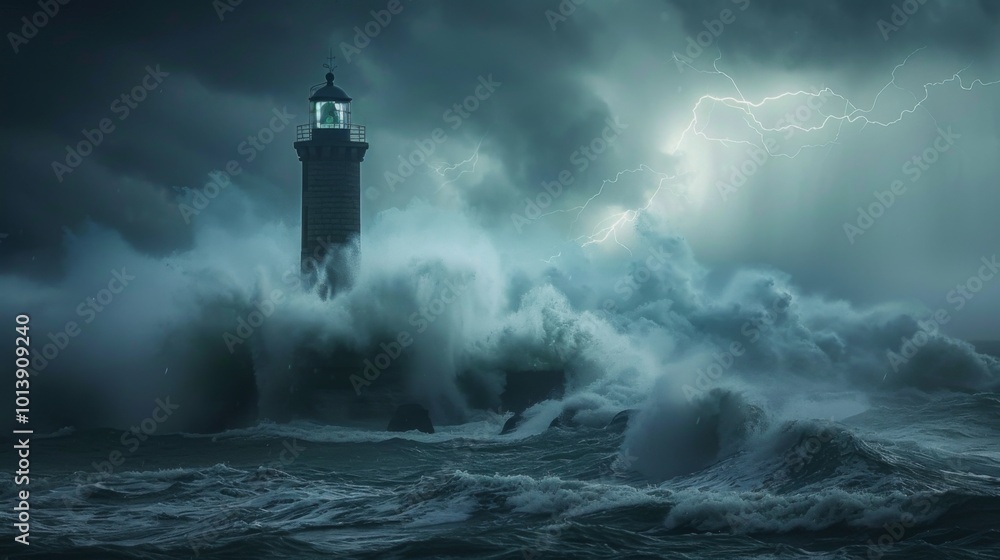 Lighthouse in the storm waves landscape illustration generated by ai Lighthouse in the storm waves landscape illustration generated by ai