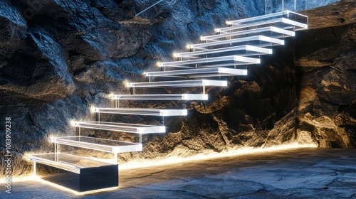 A modern staircase with transparent acrylic treads and LED-lit edges, set against a rough stone wall photo