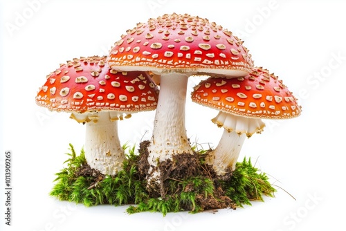 Red Fly Agaric Mushrooms (Amanita Muscaria) with White Spots â€“ Wild Toadstools Isolated on white Background