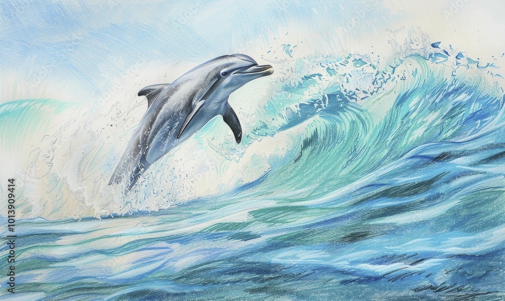 Fototapeta premium A dolphin gracefully leaps out of the ocean, surrounded by splashing waves under a clear blue sky AI generated