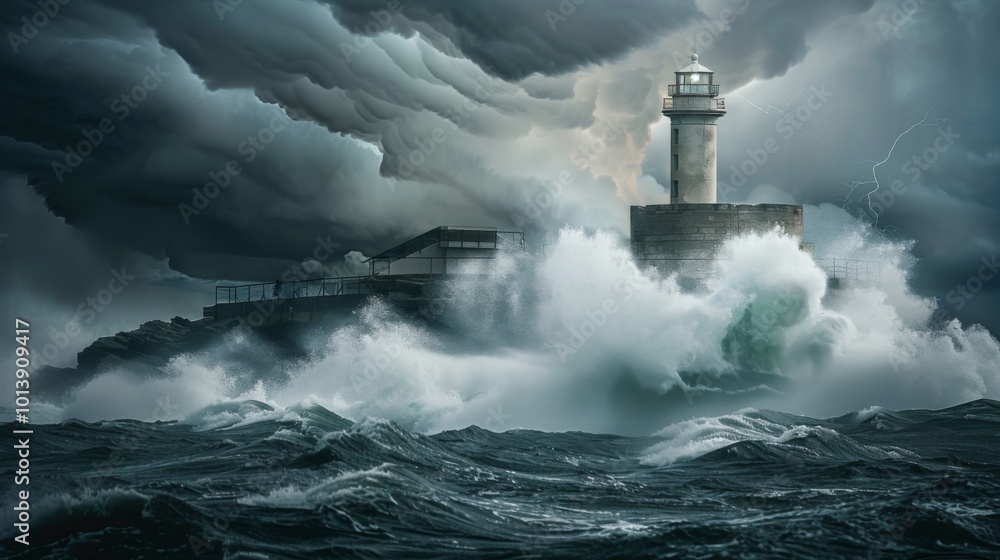 Fototapeta premium Lighthouse in the storm waves landscape illustration generated by ai
