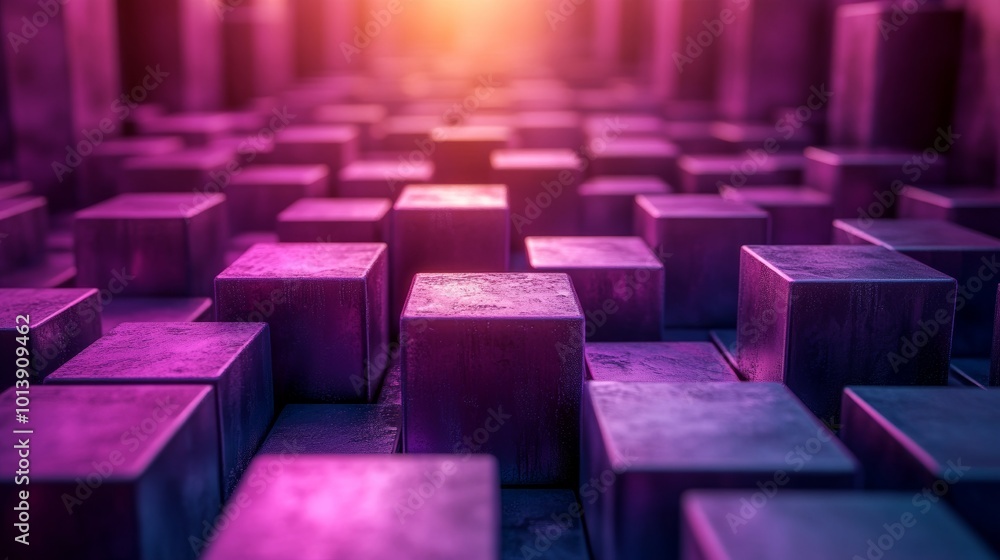 Obraz premium Abstract geometric purple cubes under warm light, futuristic art concept