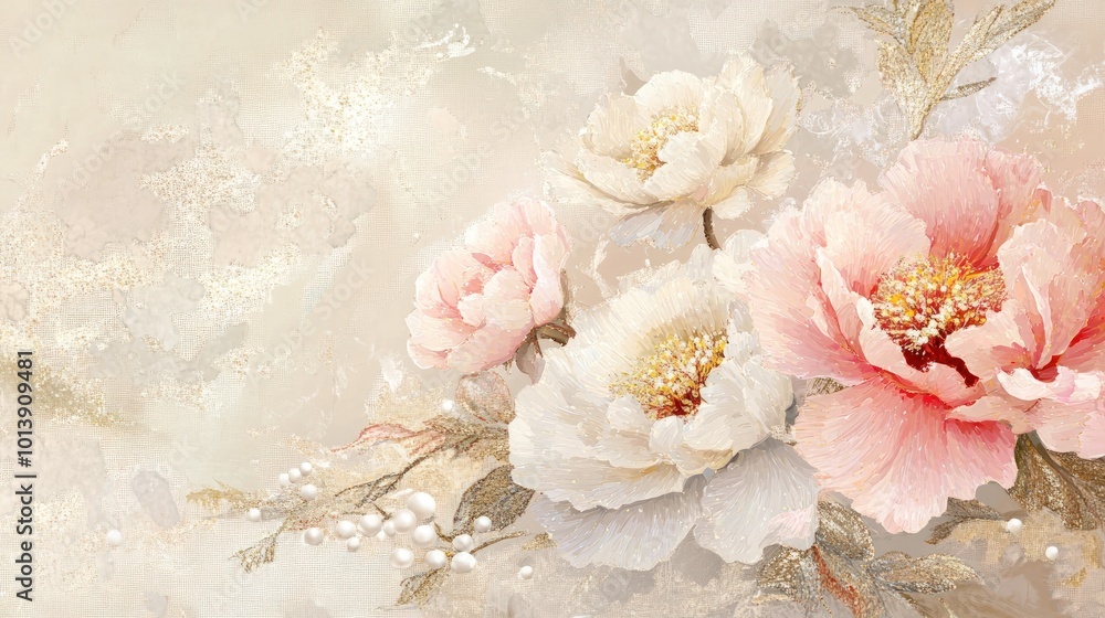 A delicate arrangement of pink and white peonies with pearl accents on a textured beige background. A delicate arrangement of pink and white peonies with pearl accents on a textured beige background.