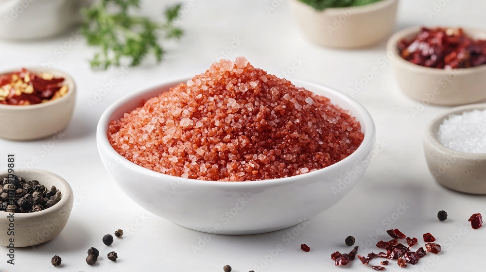 A bowl of red Hawaiian salt, isolated on a white surface with decorative chili flakes and small ceramic bowls of herbs A bowl of red Hawaiian salt, isolated on a white surface with decorative chili flakes and small ceramic bowls of herbs