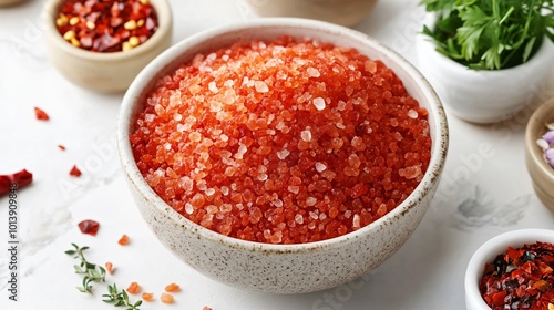 A bowl of red Hawaiian salt, isolated on a white surface with decorative chili flakes and small ceramic bowls of herbs