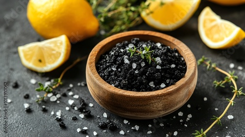 Black lava salt in a small wooden bowl, isolated on a dark background with decorative sprigs of thyme and lemon wedges photo