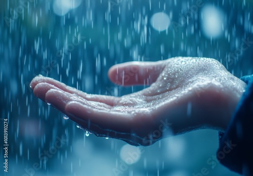 Raindrops fall steadily as an outstretched hand captures the water in a tranquil, rainy atmosphere