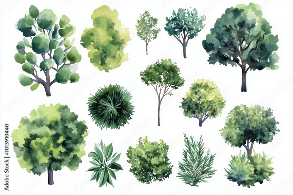 Fototapeta premium Various green trees, bushes and shrubs, top view for landscape design plan. Vector watercolor illustration, isolated on white background. 