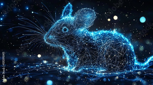 A digital mouse visual formed by neon strands in front of a starry sky, illustrating the perfect blend of technology with natural beauty in artistry. photo