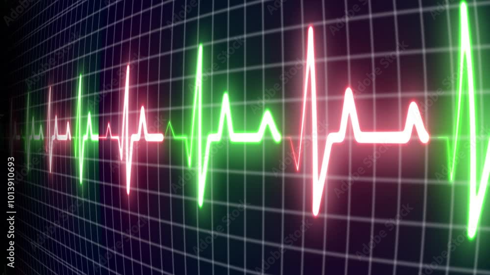 EKG ECG flatline. Heart beat line on monitor of electrocardiogram machine in extreme close-up, seamless loop EKG ECG flatline. Heart beat line on monitor of electrocardiogram machine in extreme close-up, seamless loop